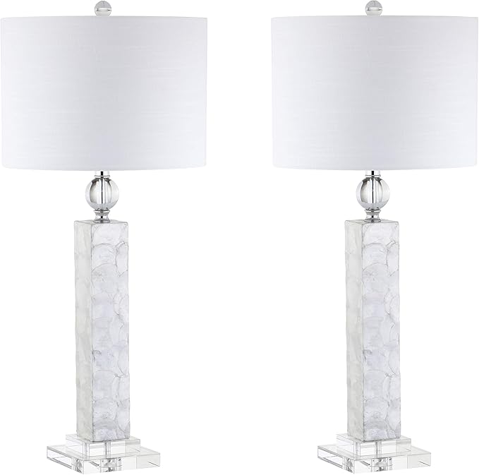 JONATHAN Y 32" White Mother of Pearl and Crystal Table Lamp Set of 2 for Bedroom, Coastal Mosaic Seashell Column Lamps for Living Room, Linen Drum Shade, LED Bulbs Included JYL4006A-SET2
