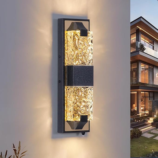 HITTO Porch Lights Outdoor, Dusk to Dawn Outdoor Lighting 15.6'' Outdoor Wall Sconce, IP65 Waterproof LED Exterior Lamp, Ripple Crystal Glass, Black&Gold Modern Porch Light for House Front Door 1 Pack