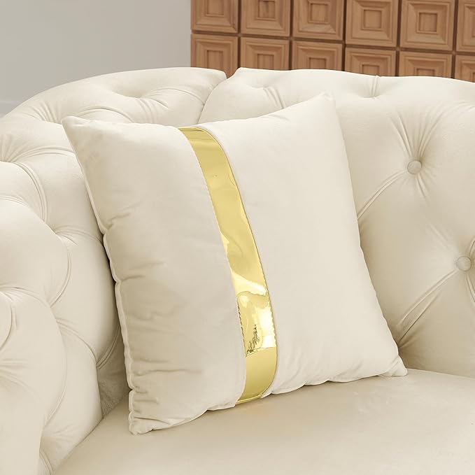 KEIKI 111" L-Shaped Luxury Velvet Chesterfield Sectional Sofa with Gold Stainless Steel Accents and 7 Pillows, Mid-Century Oversized 5-Seater Button Tufted Couch, Easy Assembly, for Living Room, Beige