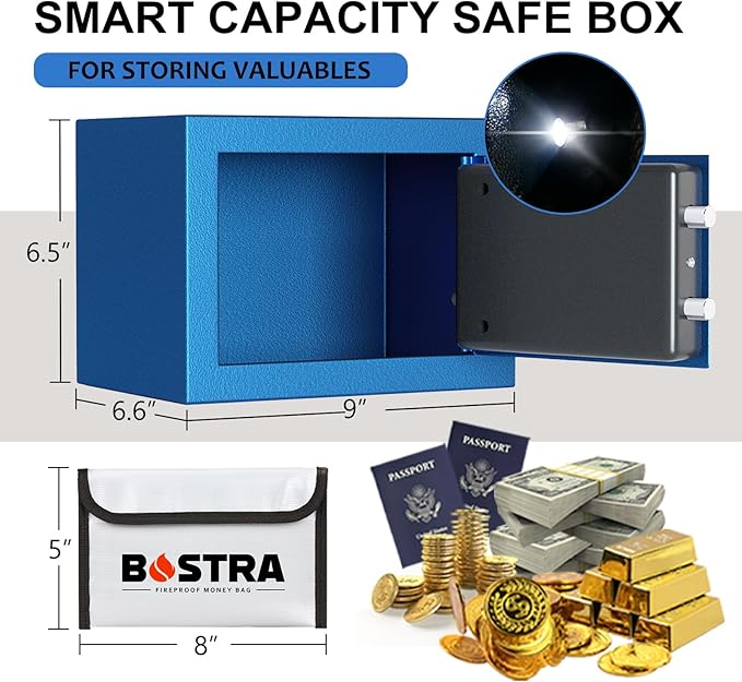 Botsa Fireproof Safe Box with Sensor Light, Fireproof Bag & Digital Keypad, Blue, 0.23 Cu Ft