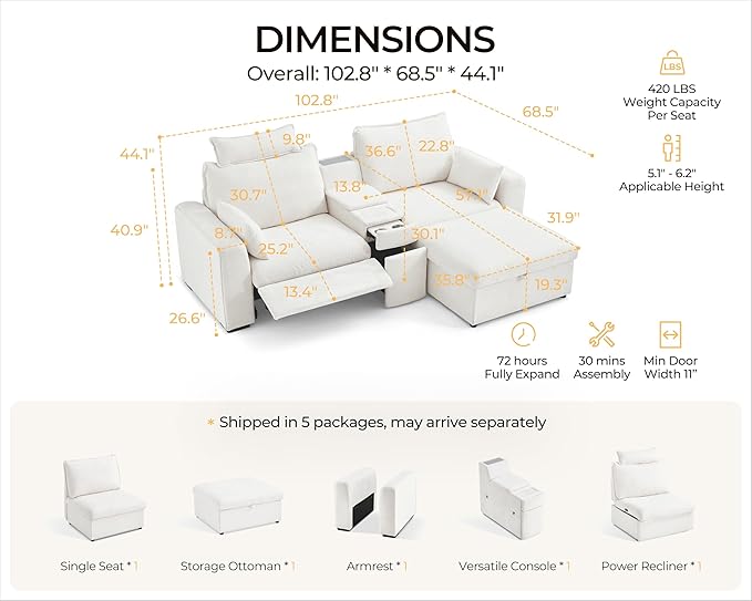 102.8'' Loveseat Power Recliner Sofa with Headrest, Oversized Cloud Modular Sectional Couch with Table, Drawer, Charging, 3-Seater with Storage Ottoman for RV Home Theater, Chenille, White