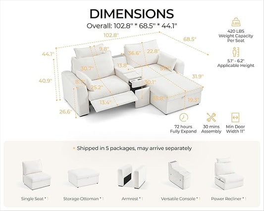 102.8'' Loveseat Power Recliner Sofa with Headrest, Oversized Cloud Modular Sectional Couch with Table, Drawer, Charging, 3-Seater with Storage Ottoman for RV Home Theater, Chenille, White