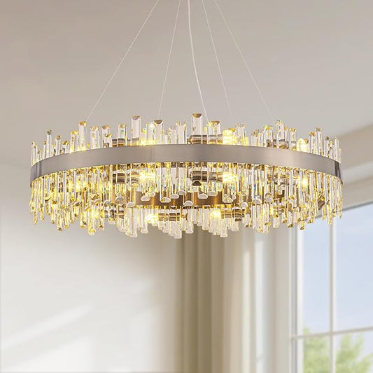 Siljoy Modern Crystal Chandelier, 20-Light Luxury Large Nickel 2-Tiers Raindrop Chandelier, Adjustable Flush Mount Pendant Ceiling Light for Living Dining Room Foyer Entryway D39.4''