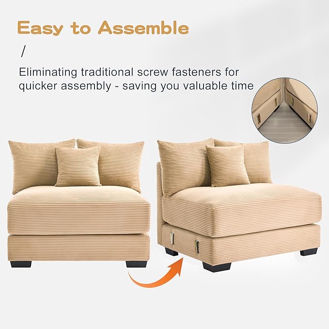 KEIKI 130" L-Shaped Oversized Corduroy Modular Cloud Sectional Sofa with 1 Ottoman, High-Density Foam Cushion, Extra-Thick Armrest, 3-Seater Fluffy Corner Couch with 9 Pillow, for Living Room, Camel