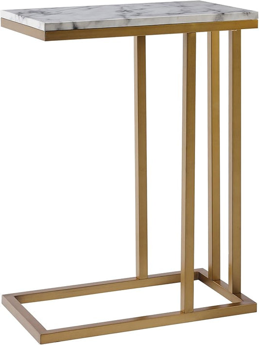 Versanora Marmo Faux Marble Top Contemporary C Shape Accent Side End Table for Living Room Lobby Foyer Dining Room Bedroom Study Room Home Office, 25 inch Height, Brass