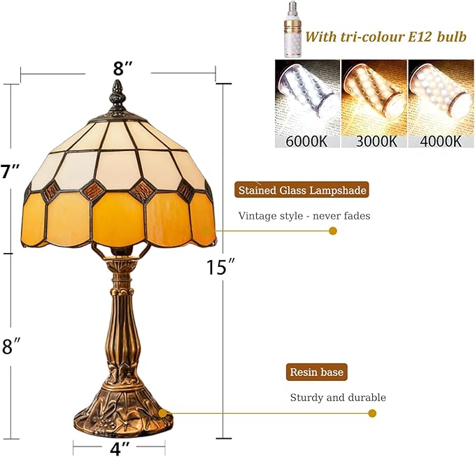Table Lamp Tiffany-Style 8 Inch Mediterranean Series Stained Glass Lampshades Small Bedside Lamp Reading Antique Desk Light Livingroom Bedroom Office Vintage Art De(Color:Orange)