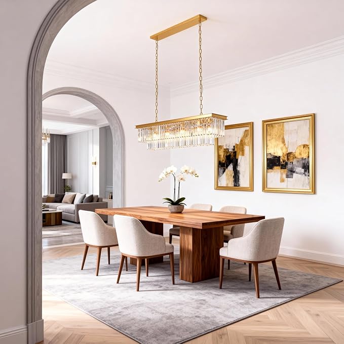 Gold Rectangle Crystal Chandelier, Modern Rectangular Pendant Ceiling Hanging Linear Chandeliers Light Fixture for Dining Room, Kitchen Island, Bar, 14-Light 59 Inches