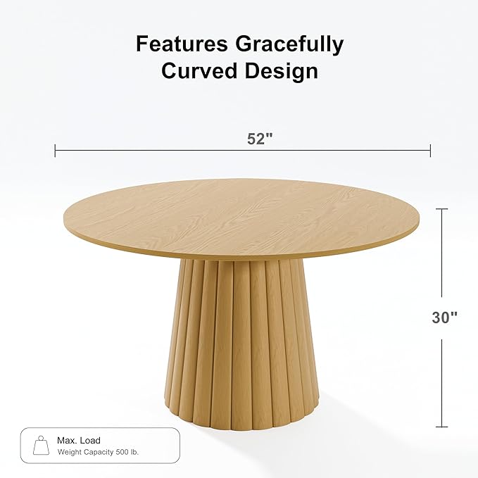 Casaphoria 52" Round Dining Table, Modern Wood Kitchen Table with Cone Shaped Strip Convex Base for Living Room & Dining Room, Easy Assembly Farmhouse Furniture for 4-6, Oak