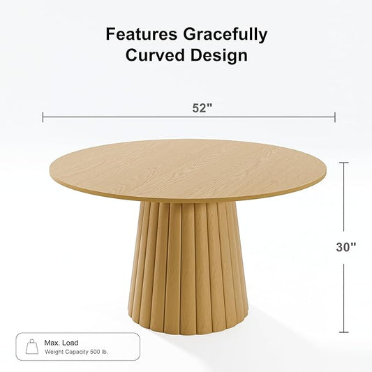 Casaphoria 52" Round Dining Table, Modern Wood Kitchen Table with Cone Shaped Strip Convex Base for Living Room & Dining Room, Easy Assembly Farmhouse Furniture for 4-6, Oak