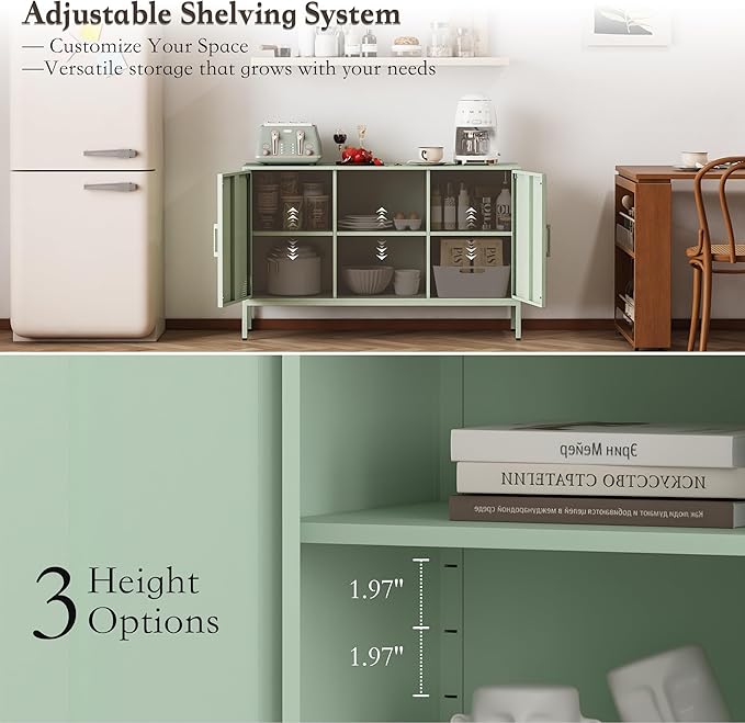 Coffee Bar Cabinet with Adjustable Shelf, Kitchen Storage Cabinet Metal Pantry Cupboard Buffet Sideboard for Living Room, Kitchen, Bedroom, Dining Room, Entryway (Green, H29.53'')