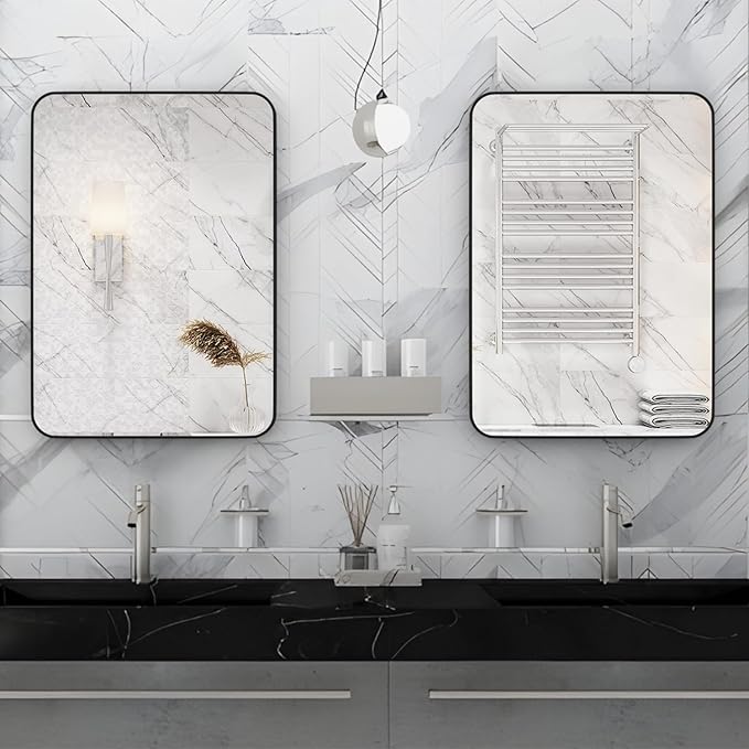Manocorro Bathroom Mirror for Wall, 20 x 28 Inch Black Rectangular Mirror with Aluminum Alloy Frame, Rounded Corner Hanging Mirror Decor for Entryway, Bedroom, Living Room