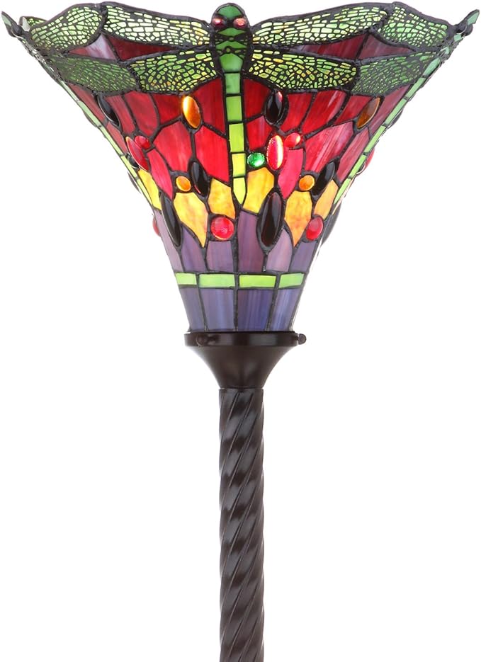 JONATHAN Y 71" Bronze/Green Dragonfly Tiffany-Style LED Floor Lamp, Traditional Standing Light for Living Room, Multi-Color Stained Glass Shade, LED Bulb Included (JYL8002B)