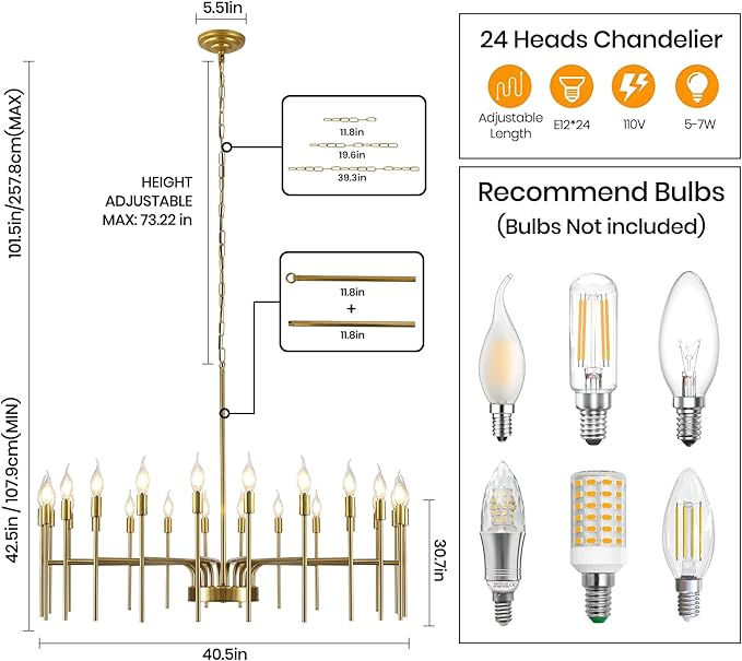 Gold Chandelier 24 Light Large Modern Farmhouse Chandeliers for Dining Room Light Fixture, 40" Round Candle Large Chandeliers for High Ceilings Living Room Foyer Entryway