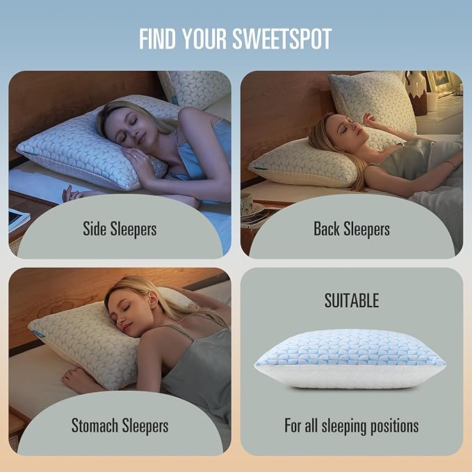 QUTOOL Firm Cooling Pillow Shredded Memory Foam(Adjustable Loft), Supportive Gel Pillow for Side, Back, and Stomach Sleepers, Washable Cover, Queen Size, for Parents Men