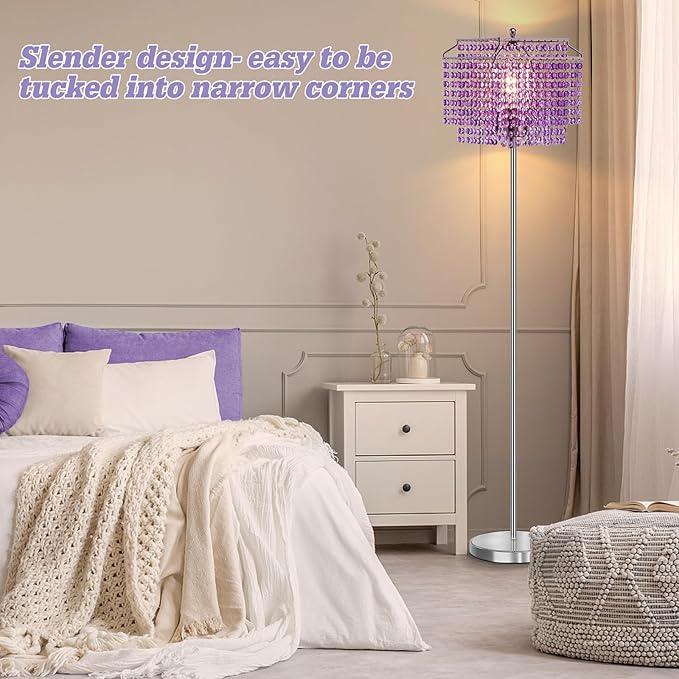 Crystal Floor Lamp Purple, 64" Tall Standing Lamps with Double-Layer Lampshade, Elegant Floor Lamp with On/Off Foot Switch, Standing Lamps for Living Room, Bedroom, Dresser, Office, Bulb Included