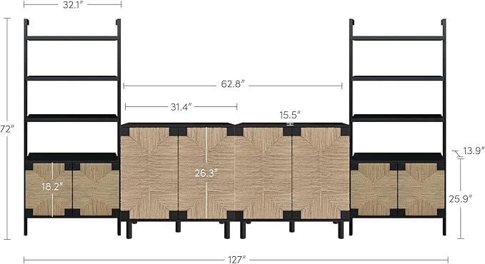 Nathan James Beacon Bohemian TV Stand, TV Wall Unit with Shelves and Accent Storage Cabinet with Solid Wood Legs and Seagrass Door Fronts, Black