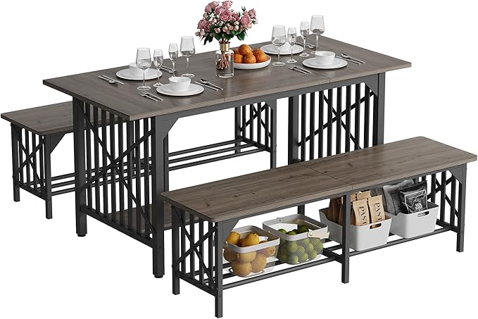 DWVO 3-Piece Dining Table Set for 4-6 People with 2 Benches, 63" Dining Room Table, Industrial Rectangular Dining Room Table Set with Storage for Kitchen, Dining Room, Grey