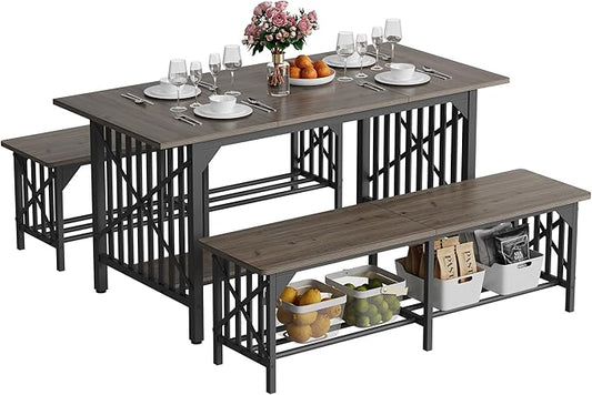 DWVO 3-Piece Dining Table Set for 4-6 People with 2 Benches, 63" Dining Room Table, Industrial Rectangular Dining Room Table Set with Storage for Kitchen, Dining Room, Grey