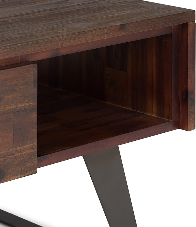 SIMPLIHOME Lowry Coffee Table - 48 inch Wide Solid Acacia Wood and Metal Living Room Table in Distressed Charcoal Brown, Modern Industrial Cocktail Table for Family Room with Drawers and Open Storage