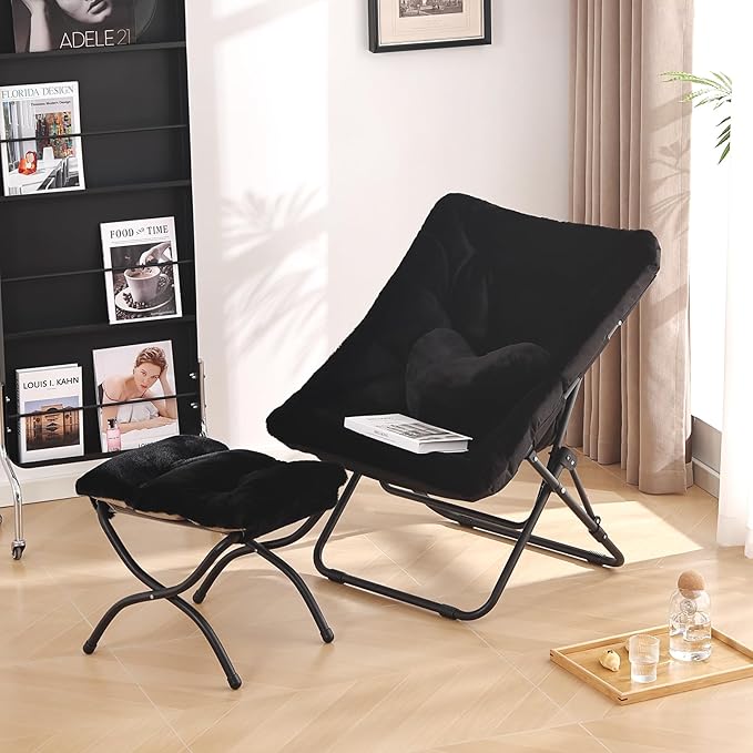 Comfy Saucer Chair with Ottoman, Oversized Folding Faux Fur Chair Soft Furry Lazy Chair with Metal Frame Moon Chair Accent Chair for Bedroom, Living Room, Dorm Rooms, Black