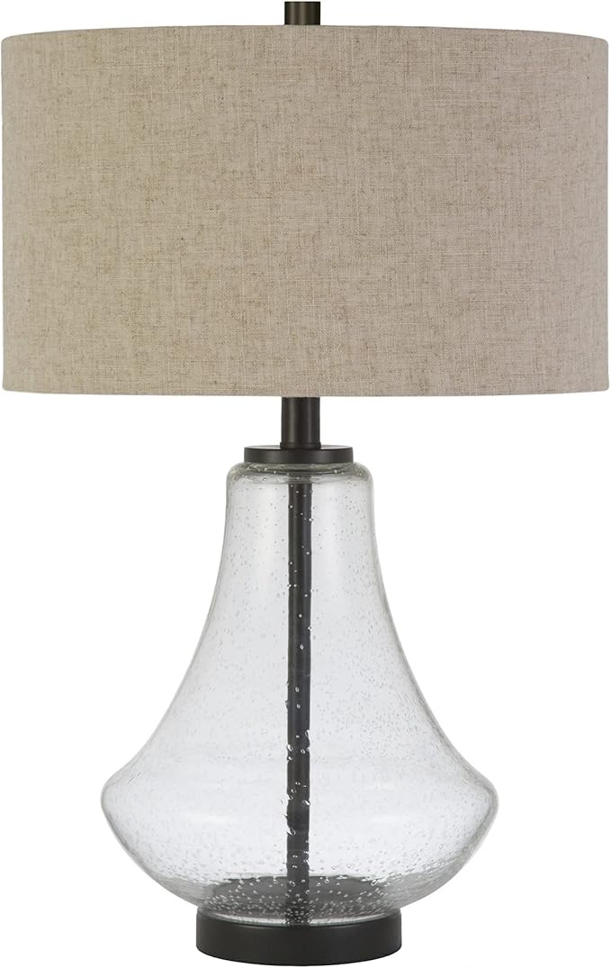 Lagos 23" Tall Table Lamp with Fabric Shade in Seeded Glass/Antique Bronze/Flax