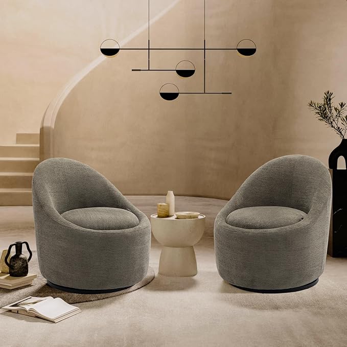 COLAMY Swivel Accent Chair Set of 2, 360° Swivel Round Chair with Hidden Storage, Modern Small Barrel Armchair for Living Room/Bedroom, Green, Textile Material