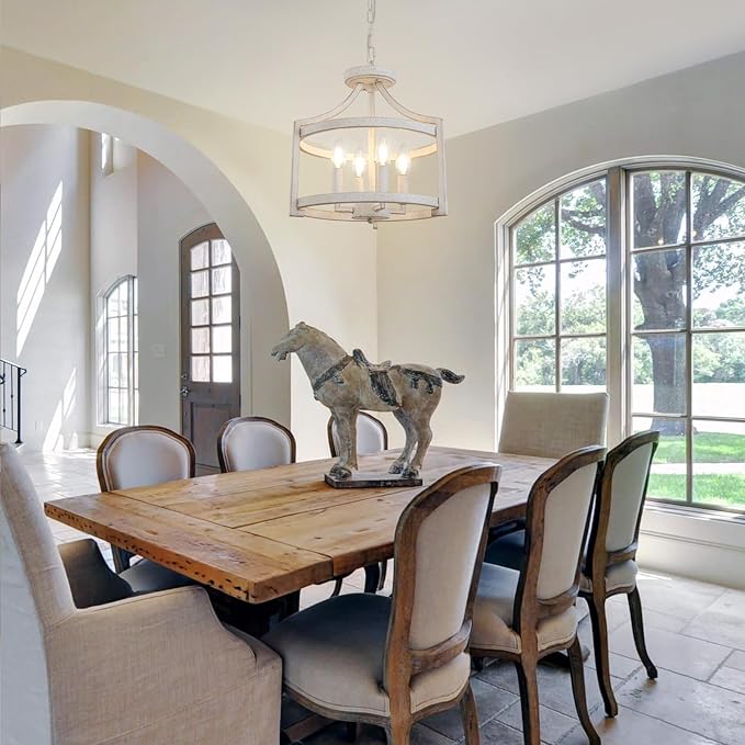 4 Lights Farmhouse Chandelier, Vintage Chandeliers for Dining Room, Rustic Semi Flush Mount Ceiling Light, Antique White Metal Hanging Pendant Light Fixture for Foyer Entryway Kitchen Island
