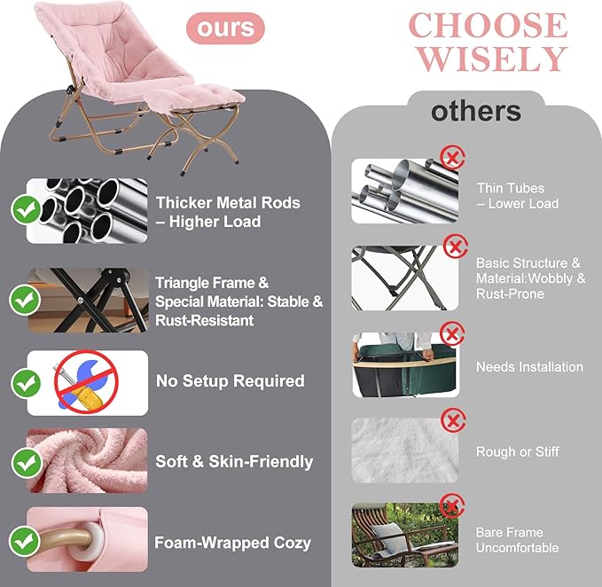 Dorm Chair with Ottoman, X-Large Soft Saucer Chair, Oversized Folding Faux Fur Accent Chair, Foldable Metal Frame Chair for Bedroom, Living Room (Pink)