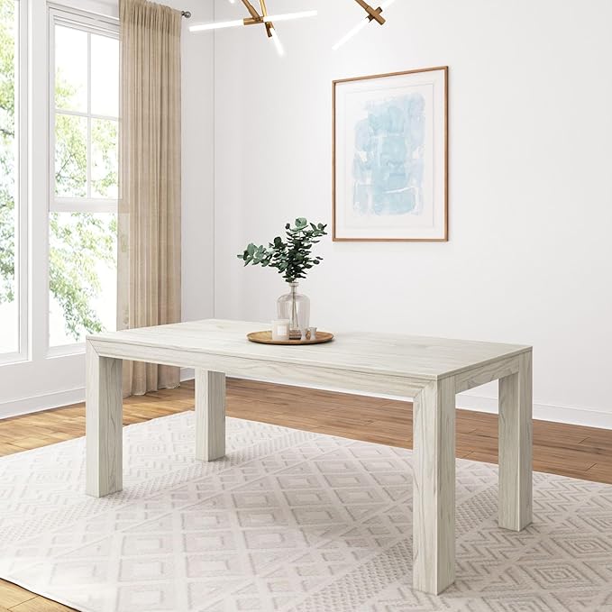 Plank+Beam 72 Inch Modern Solid Wood Dining Table - Solid Pine, Wirebrush Finish, Seats 6, Non-Toxic Finish, Easy Assembly, for Kitchen or Office, White Sand Wirebrush