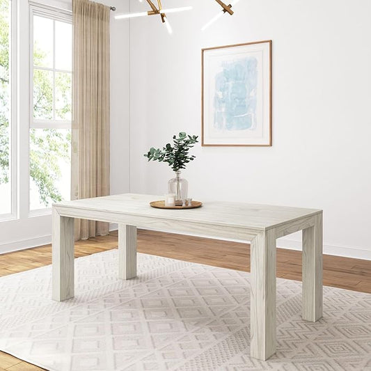 Plank+Beam 72 Inch Modern Solid Wood Dining Table - Solid Pine, Wirebrush Finish, Seats 6, Non-Toxic Finish, Easy Assembly, for Kitchen or Office, White Sand Wirebrush