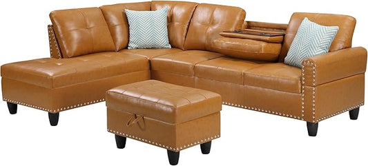 Favfurish 98" L Shaped Sectional Sofa Set with Storage Ottoman Reversible Back Cushion Cupholders,Faux Leather Upholstered Modular Couch for Living Room,Office,Home Furniture,Ginger