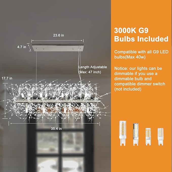 Depuley 35.4" Modern Silver Crystal Firework Chandelier, 12-Light Crystal Light Fixture Hanging, Linear Dandelion Chandelier, Sputnik Ceiling Pendant Light Fixtures for Dining Room(G9 Bulbs Included)