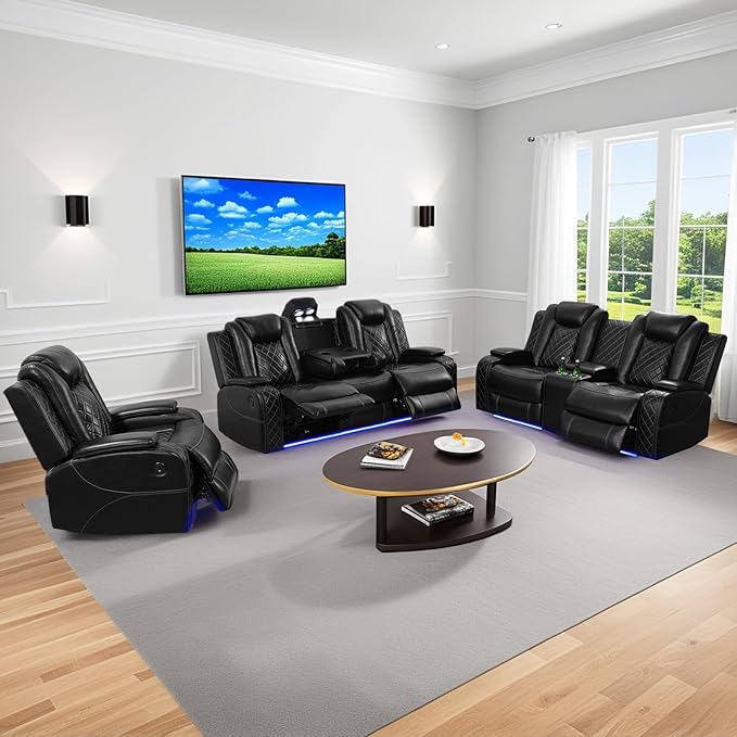 Power Reclining Sofa Sets for Living Room, Leather Recliner Sofa Set with LED Light, Cup Holder, Console Storage, Charging Pad for Home Theater Seating(3 Piece Set,Black)