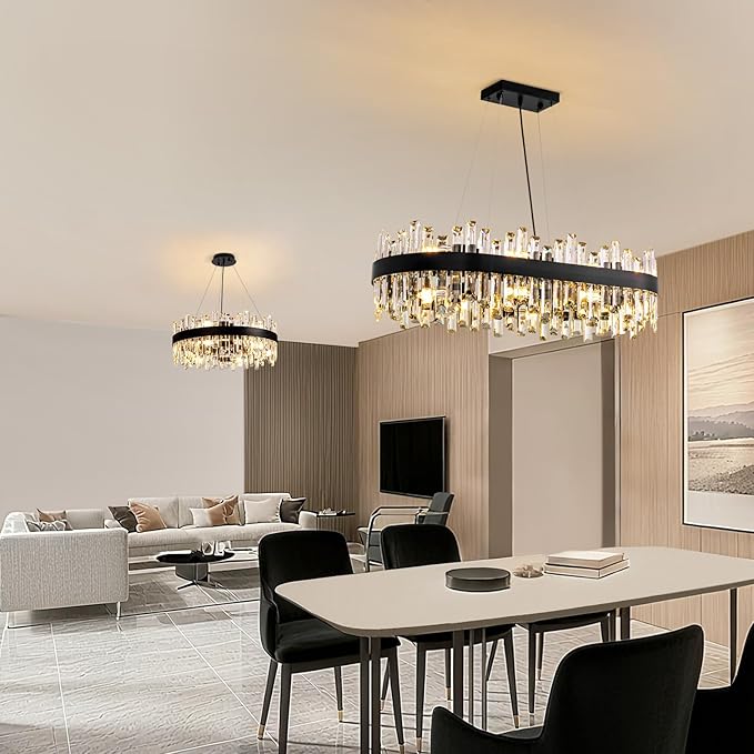 CROSSIO Modern Black Crystal Chandelier, 16-Light Rectangular 2-Tiers K9 Crystal Raindrop Chandelier, Luxury Flush Mount Hanging Ceiling Light for Dining Room Living Room Kitchen Island L35.4''
