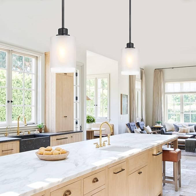 3 Pack 1-Light Industrial Farmhouse Kitchen Island Pendant Ceiling Light Frosted Glass Fixture,Black Finish for Bedroom Hallway Dining Room Entryway Over Sink