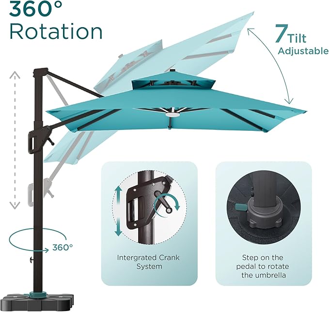 10' X 13' Patio Umbrella with Weighted Base and LED Lights Outdoor Cantilever Large Rectangle Offset Umbrellas Heavy Duty Aluminum Double Top with 360-degree Rotation for Pool Garden Deck, Turquoise