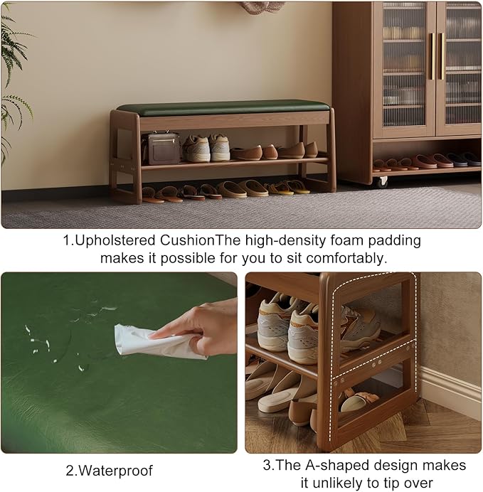 AQIMUELE Small Shoe Rack Bench,2 Tiers Shoe Bench with Storage with Flip-Top,Wood Shoe Rack for Entryway,Hallway（Green Upholstered Seat