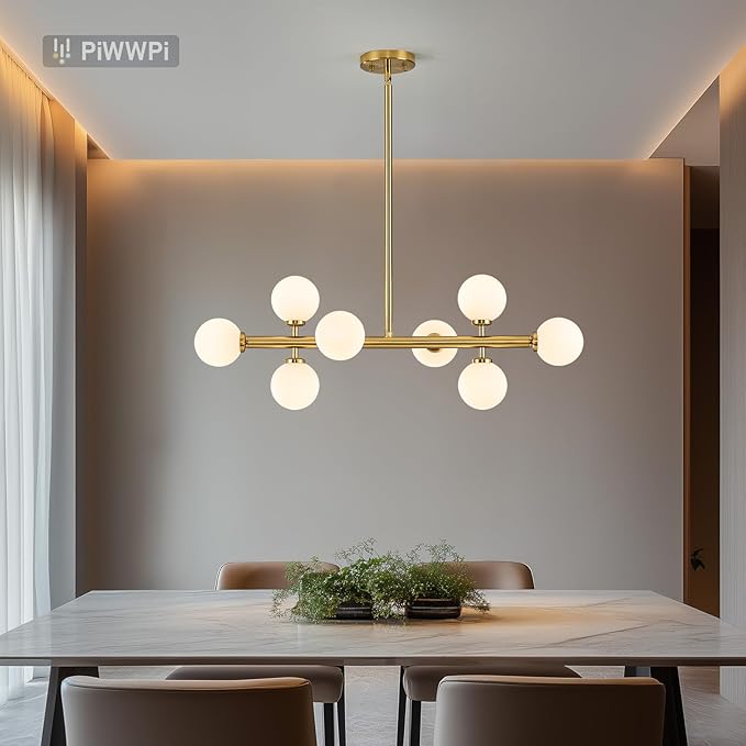 Modern Linear Chandeliers for Dining Room, 8-Light Globe Sputnik Pendant Ceiling Light, Brass Gold Dining Room Light Fixture Over Table, Mid Century Glass Milk White Bubble, 31.5 Inch, GC-09