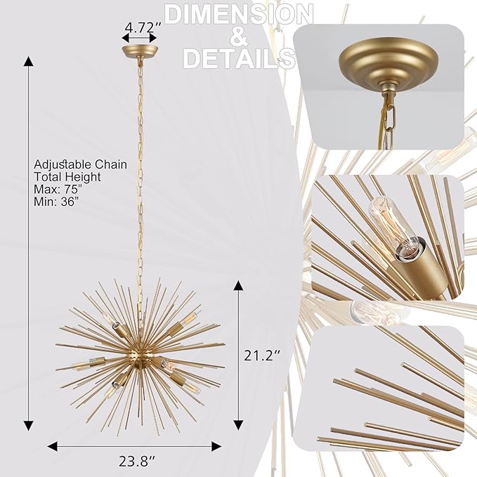 23.8" Modern Sputnik Chandelier 9-Lights Mid-Century Modern Starburst Golden Chandelier Luxury Gold Solid Metal Sputnik Satellite Chandeliers for Dining Room, Kitchen Island, Bedroom, E12