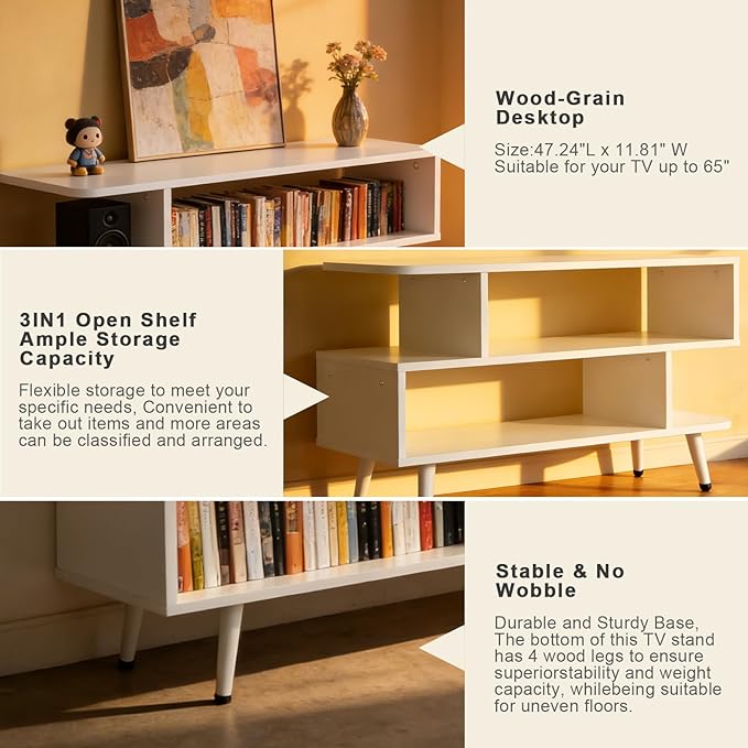 Lightdot TV Stand for TVs up to 45'', Modern Entertainment Center with 3 Storage Open Large Capacity for Collection, Media Console Table for Living Room/Entrance/Sofa Cabinet,Easy Assembly-White