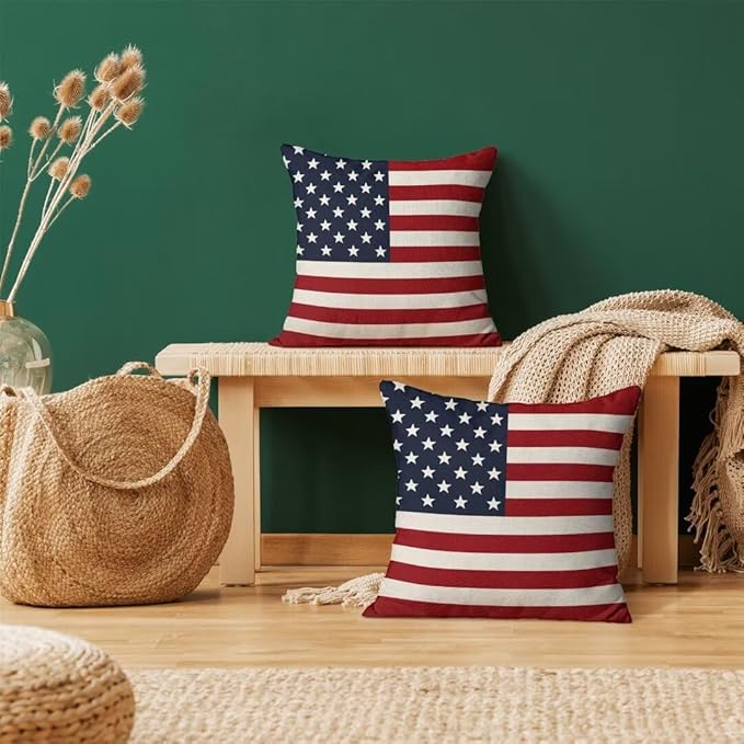 BETGINY 4th of July Pillow Covers 22x22 Set of 2, American Flag Patriotic Decorations Throw Pillow Covers Linen Farmhouse Independence Day Cushion Case for Couch Sofa Summer Home Outdoor Decor