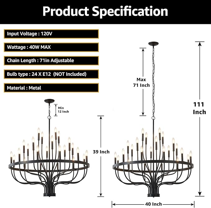HHR 40-Inch Farmhouse Foyer Chandelier Entryway High Ceiling 24-Light, Candle Chandelier Light Fixtures Modern Black Chandeliers for Dining Room Bedroom Hallway Kitchen Living Room