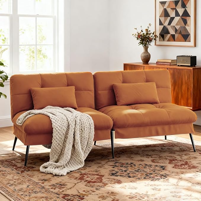 COMHOMA Convertible Sofa Bed,68″Fabric Couch with Adjustable Backrest,Loveseat Recliner Sleeper Living Room Furniture futon Set,Orange