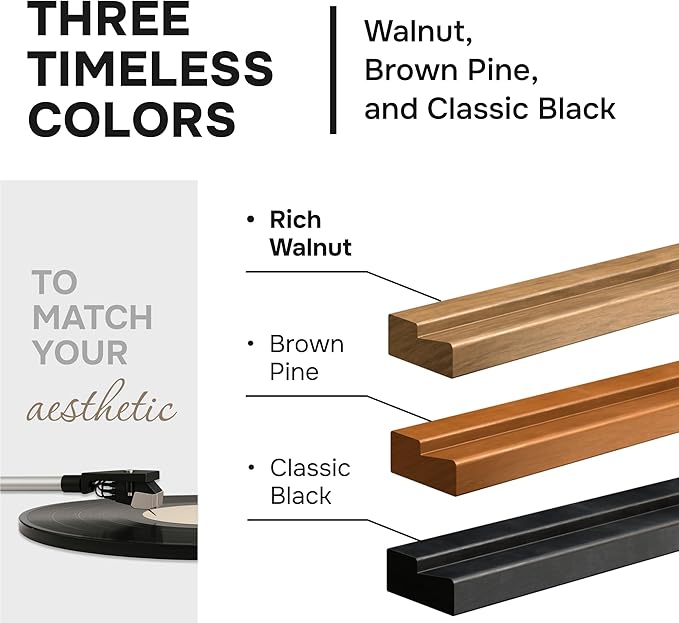VOL-KI 4-Pack Vinyl Record Shelf Wall Mount – Solid NZ Pine Wood Floating Vinyl Display Shelf & Record Holder, Includes Now Playing Display, Marking Strip & Mini Level (Rich Walnut)