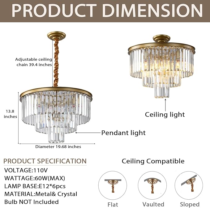 Golden Crystal Chandelier Lighting K9 Crystal Round Chandelier Suspended Ceiling Light Fixture 3 Tier Suitable for Modern Dining Room Living Room Bedroom Stairs