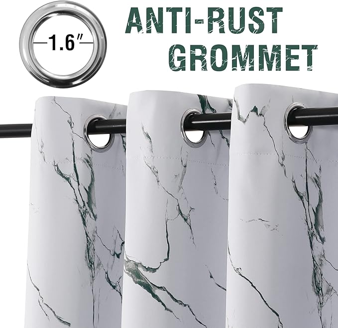 H.VERSAILTEX 100% Blackout Curtains 96 inch Length 2 Panels Set Marble Designs Printed Drapes Thermal Curtains for Bedroom with Black Liner Sound Proof Curtains, Antique Green