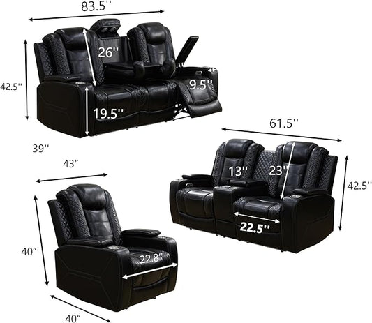Power Recliner Chair for Living Room, Breathing Leather Reclining Chair with LED Lighting, USB Charging Port and Armrest Hidden Storage (Black Upgared)