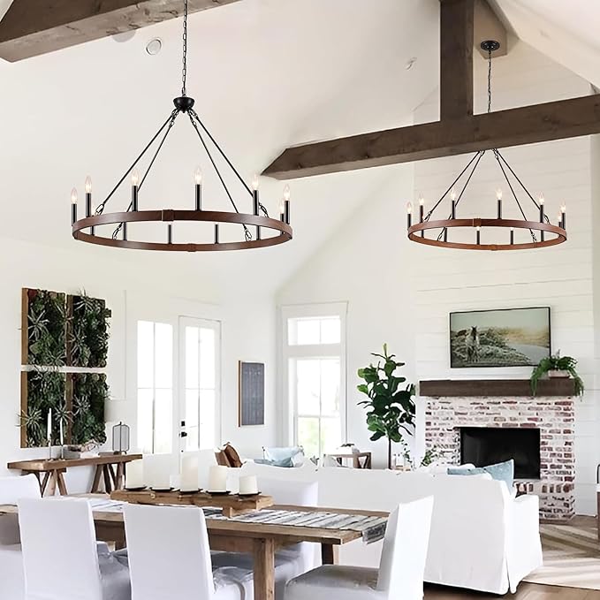 Wagon Wheel Chandelier 37.4 inch, 12-Light Farmhouse Wagon Wheel Chandelier with Dark Wood Grain Finish, Round Industrial Farmhouse Chandeliers for High Ceilings Living Dining Room Foyer Outdoor Porch