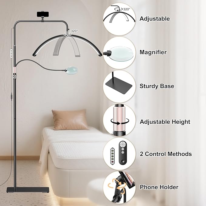 AURELLE Half Moon Lash Light - Adjustable LED Floor Lash Lamp with 4X Magnifier & Phone Holder for Eyelash Extensions,Nail Art,Tattoo,Skincare,Salon SPA-Dimmable Brightness,Rotating Head, Black