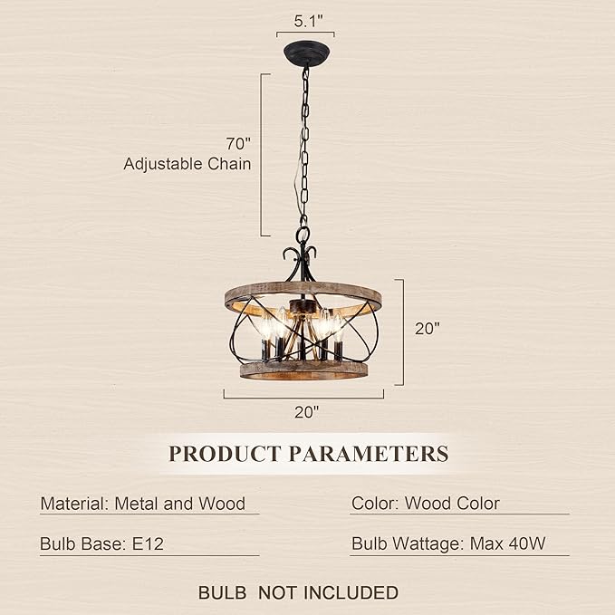 20" Farmhouse Chandelier, 5-Light French Country Drum Chandelier Over Table, Wood Chandelier for Kitchen Island Dining Room Entryway